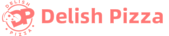Delish Pizza logo featuring a stylized red ‘DP’ seal and the words ‘Delish Pizza’ in red text.
